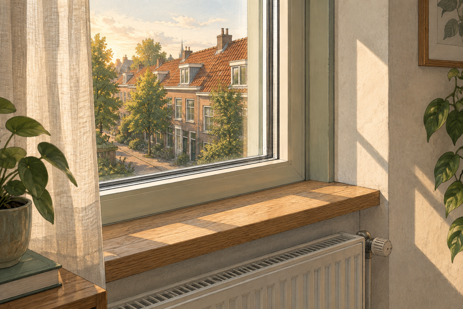 Illustratie van dubbel glas en een radiator in een warme, lichte woning
