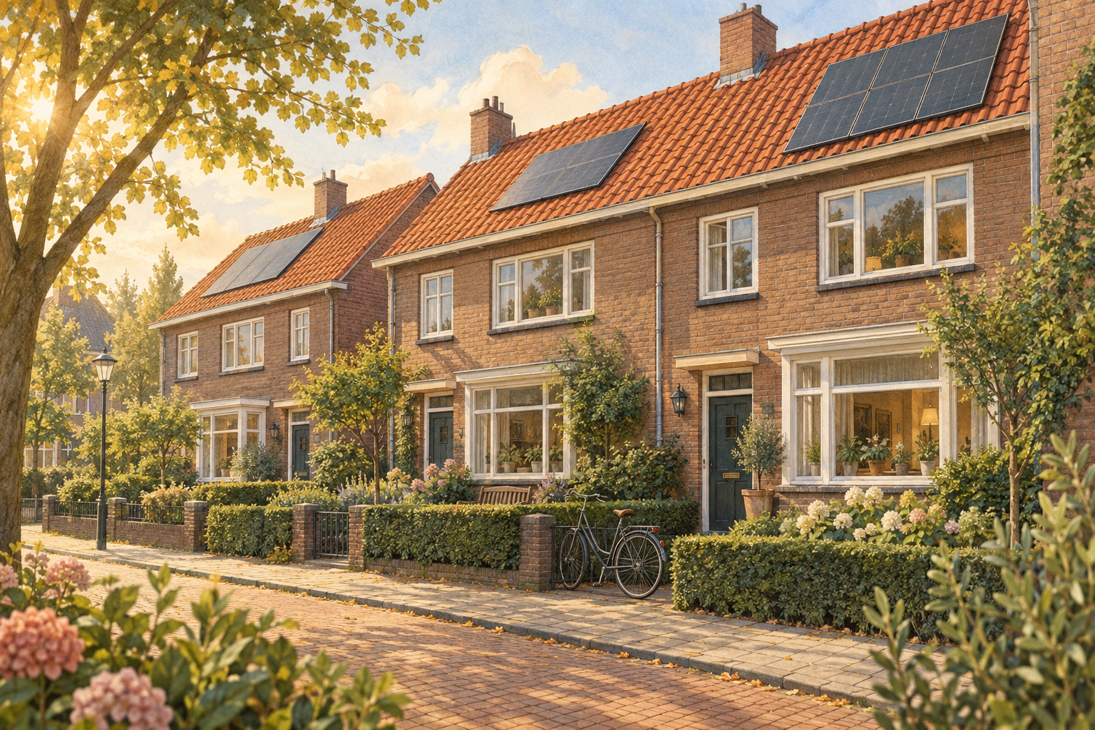 Illustratie van Nederlandse rijwoningen met rode dakpannen, zonnepanelen en groene voortuinen